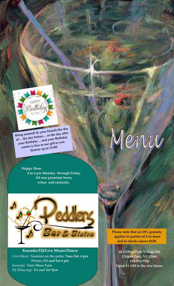 Menu Peddlers Bar and Bistro Restaurant Clifton Park NY