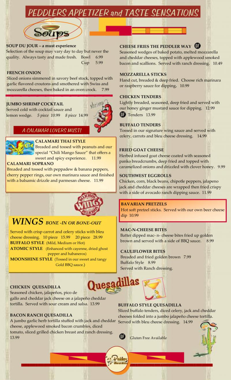 Menu Peddlers Bar and Bistro Restaurant Clifton Park NY
