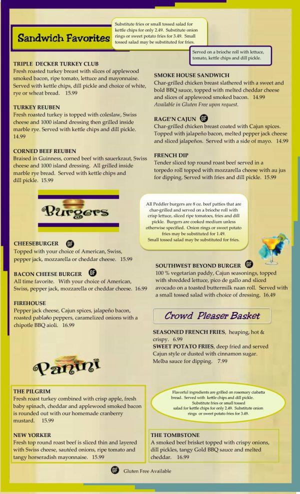 Menu Peddlers Bar and Bistro Restaurant Clifton Park NY