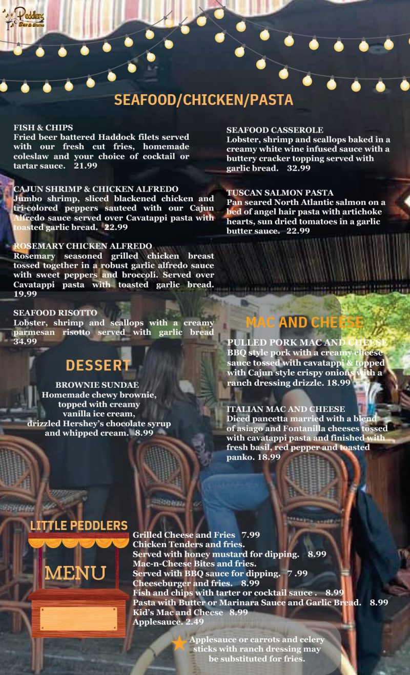 Menu Peddlers Bar and Bistro Restaurant Clifton Park NY